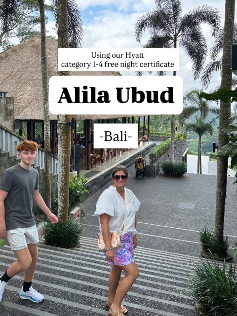 We spent 1 quick night at Hyatt’s Alila Ubud

We arrived late to Bali and wanted an inexpensive stay for our first night
This property is beautiful and has one of the best pool views in Ubud

We used a Hyatt category 1 - 4 Free Night certificate
The room this books only has occupancy for 2
But they were kind enough to upgrade us to a deluxe room to fit 3 due to my Globalist status

But rooms here are often less than $150 a night - so a great option if paying cash also

They have bikes on property you can use and we biked around a Bali village which was a highlight

We also loved the outdoor shower - which is apparently very common in Bali.

A great start to our Bali vaca!

👋 Hi! I’m Michele 

I teach families how to turn points into incredible travel. 

My family flies business class , stays at luxury hotels and resorts, and takes amazing trips around the world using points.

If you’ve ever wondered how families travel like this with points, you are in the right place.❤️

Follow along and I’ll show you how to do it, too. 🌎